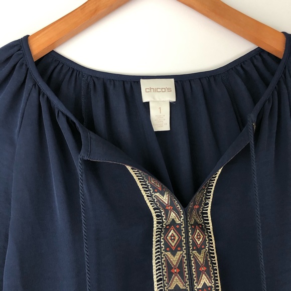 Chico’s Navy Gold Metallic Embroidered Blouse - Picture 2 of 6